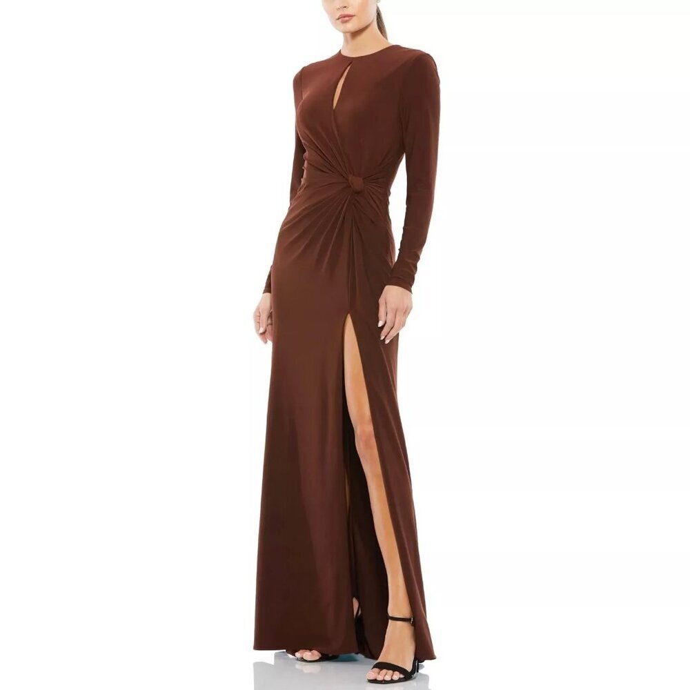 NWT Mac Duggal Long Sleeve Keyhole Draped Gown Chocolate 0 #8294